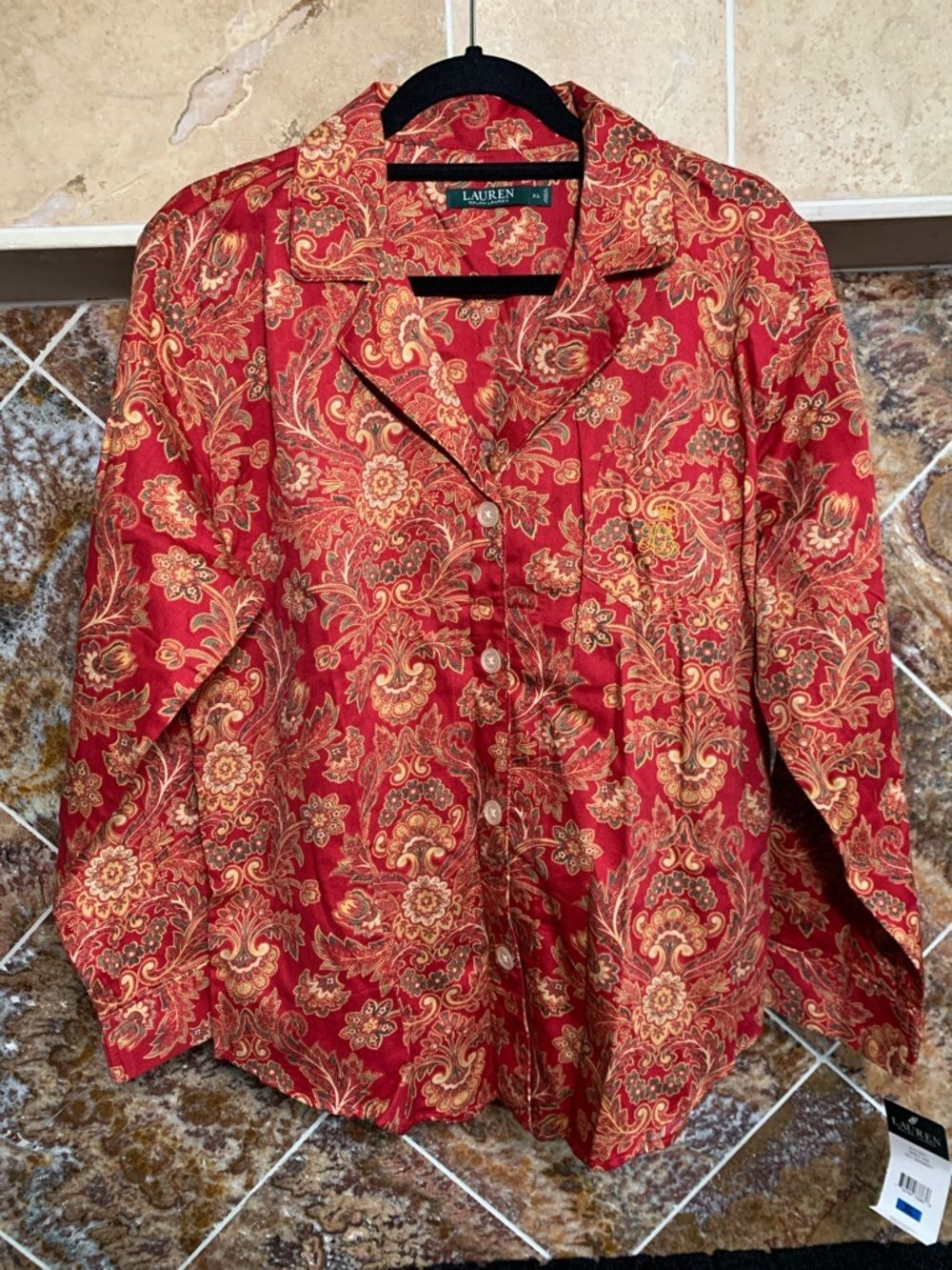 NWT Lauren Ralph Lauren Red Paisley Satin Pajama Top Monogram Pocket XL Luxury
